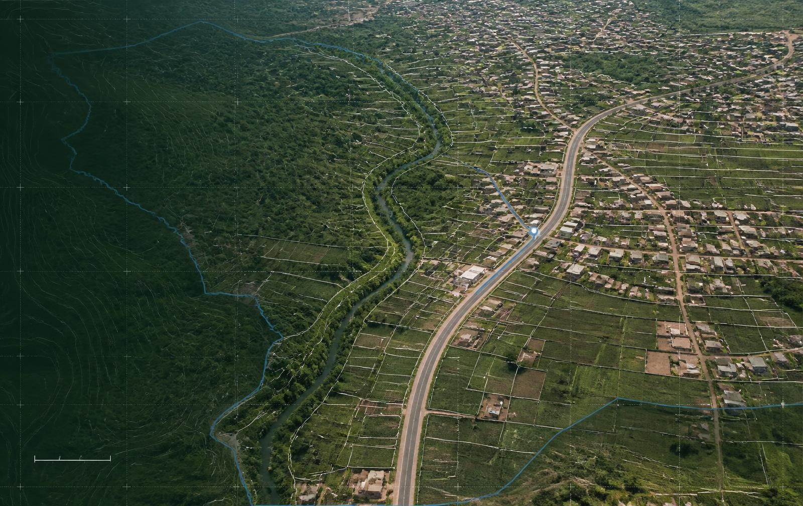 Aerial planning illustration of a settlement, road, green corridor and land parcels with restrained map overlays